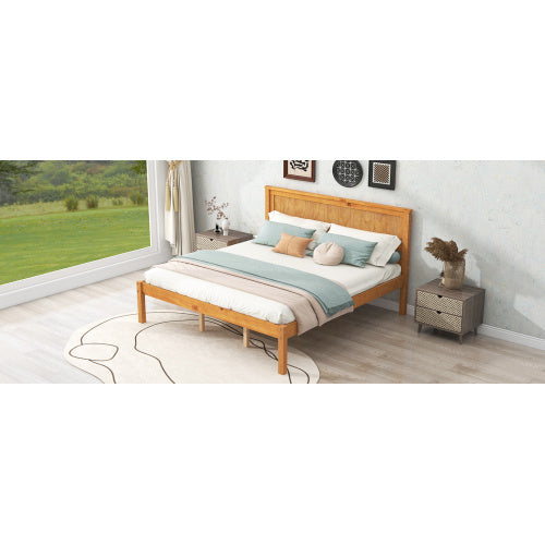 Platform Bed Frame With Headboard, Wood Slat Support, No Box Spring Needed, Queen, Oak