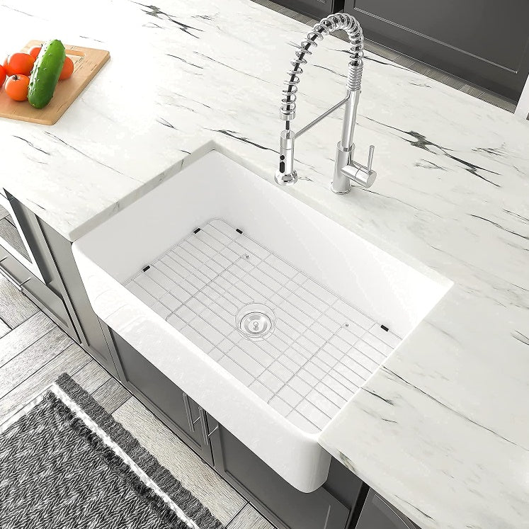 Single Basin Ceramic Farmhouse Kitchen Sink With Basket Strainer