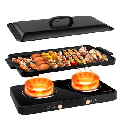 ONNASE Double Induction Cooktop 1800W Electric Stove Top Burner with Removable Non-Stick Griddle Pan 2 Induction Burners 11 Temperature & Power Levels 3-Hour Timer Black