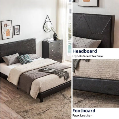 Queen-sized Upholstered Platform Bed Frame For Easy Assembly, Black, PU