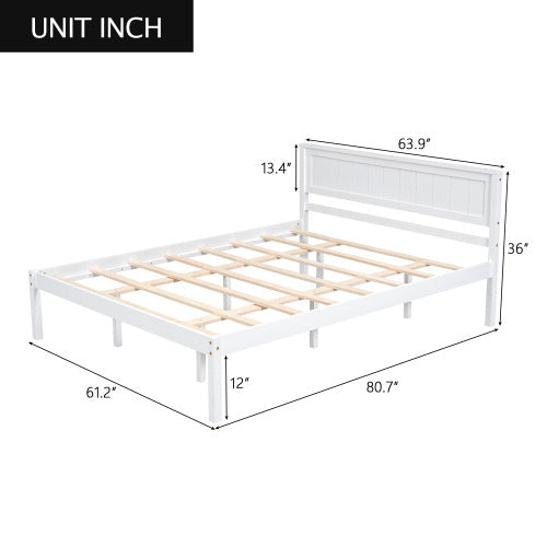 Platform Bed Frame With Headboard, Wood Slat Support, No Box Spring Needed, Queen, White
