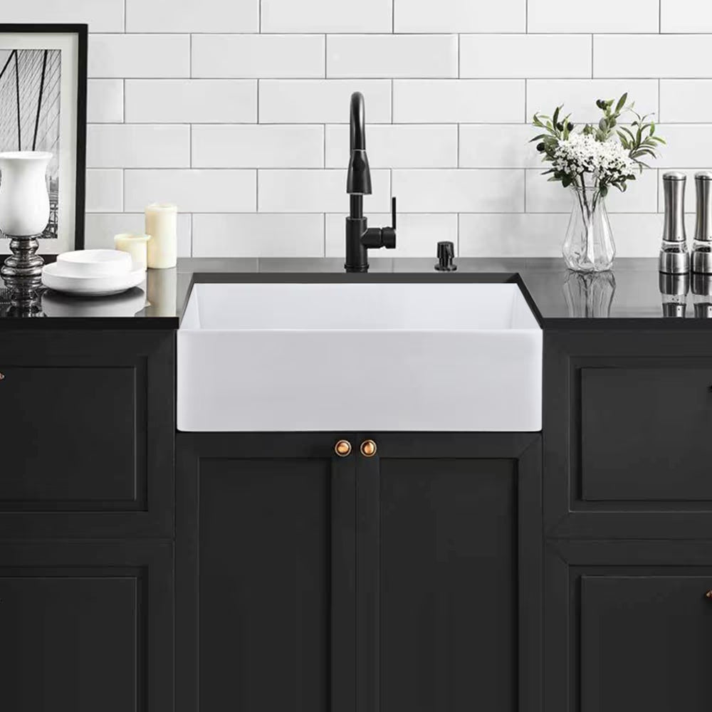 Single Basin Ceramic Farmhouse Kitchen Sink With Basket Strainer