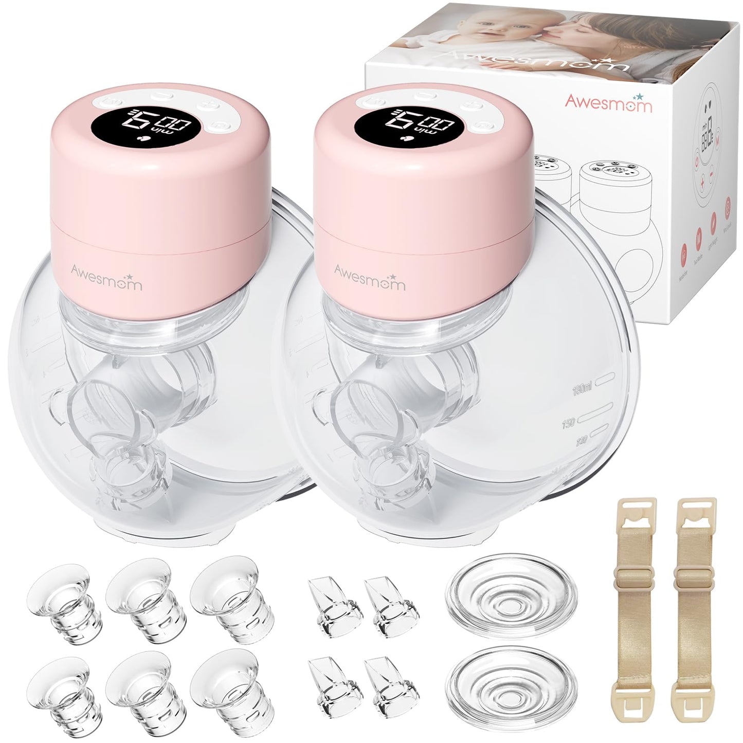 Wearable Breast Pump Awesmom Hands-Free Breast Pump for Breastfeeding S12 Wireless Pump with Soft Double-Sealed Flange 2 Mode & 9 Levels Double Electric Breast Pump Smart Display 24 mm 2 Pack
