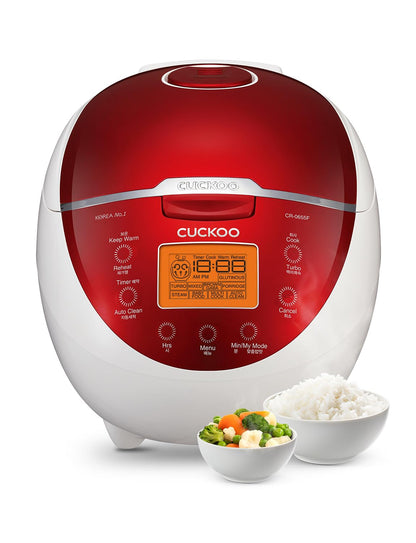 CUCKOO Micom Rice Cooker 6 Cup Uncooked / 12 Cup Cooked Fuzzy Logic Electric Rice Cooker Small Sticky Rice Maker with 12 Menu Modes Nonstick Small Rice Cooker & Steamer White / Red (CR-0655F)