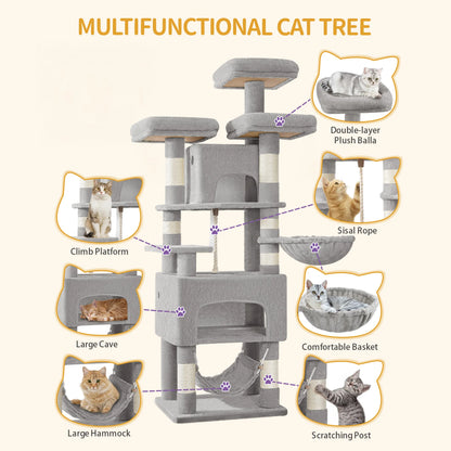 Cat tree,  XL, 3 platforms, 2 caves, 7 scratching posts, hammock, plush balls, scratching post for multi-cat households