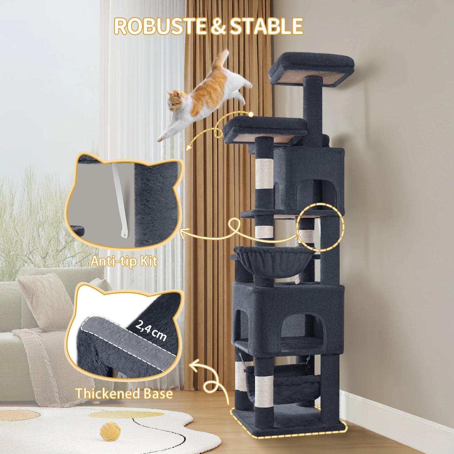 Cat tree,  XL, 3 platforms, 2 caves, 7 scratching posts, hammock, plush balls, scratching post for multi-cat households