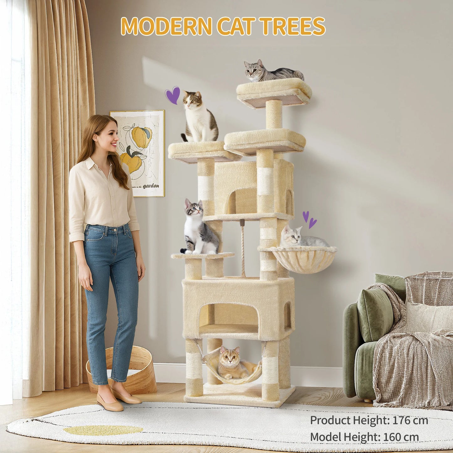 Cat tree,  XL, 3 platforms, 2 caves, 7 scratching posts, hammock, plush balls, scratching post for multi-cat households