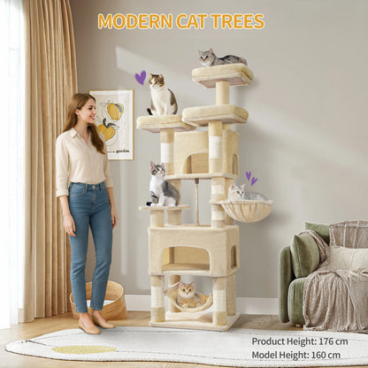 Cat tree,  XL, 3 platforms, 2 caves, 7 scratching posts, hammock, plush balls, scratching post for multi-cat households