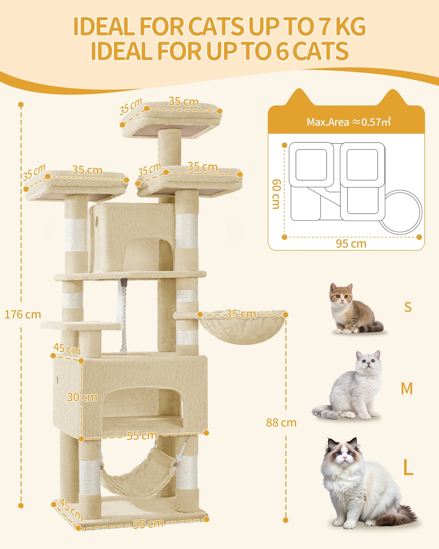Cat tree,  XL, 3 platforms, 2 caves, 7 scratching posts, hammock, plush balls, scratching post for multi-cat households