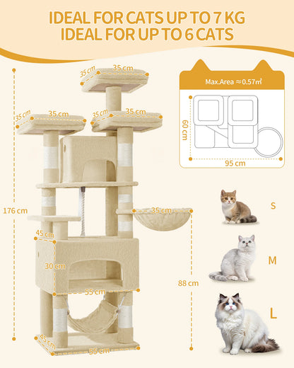 Cat tree,  XL, 3 platforms, 2 caves, 7 scratching posts, hammock, plush balls, scratching post for multi-cat households