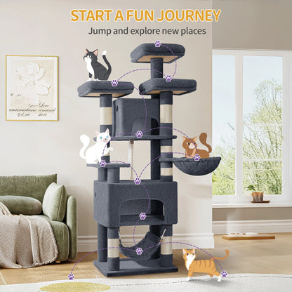 Cat tree,  XL, 3 platforms, 2 caves, 7 scratching posts, hammock, plush balls, scratching post for multi-cat households