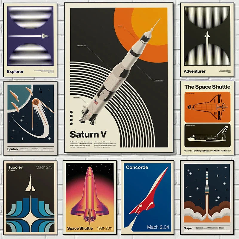 Retro Abstract Space Shuttle Sputnik Minimalist Posters and Prints Canvas Printing Wall Art Picture for Living Room Home Decor