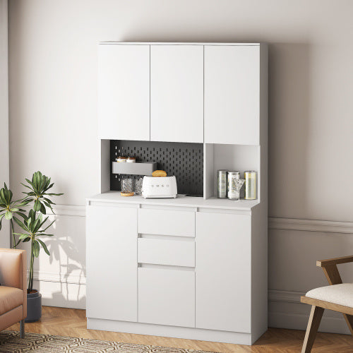 74 Inch Kitchen Storage Cabinet With Charging Station, Freestanding Buffet Cabinet With Drawer Sideboard, Modern Kitchen Storage Cabinet With Microwave Rack, Suitable For Kitchen, Living Room, Dining