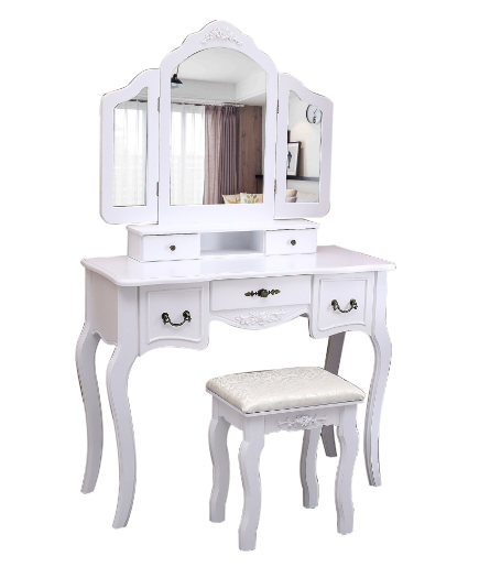 Vanity Table with Wooden Stool, 3 Mirrors, 5 Drawers