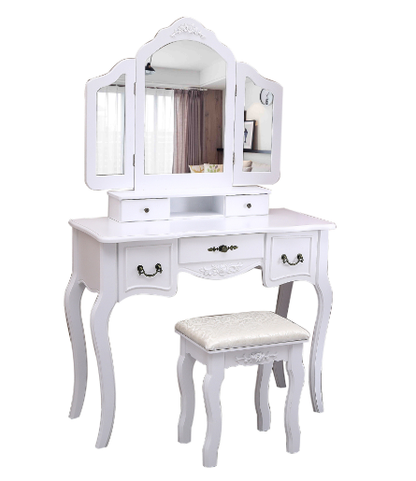Vanity Table with Wooden Stool, 3 Mirrors, 5 Drawers