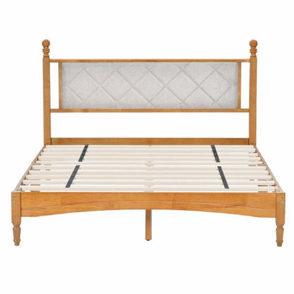 Wooden Bed Frame With Upholstered Headboard In Fabric, Solid Rubberwood With Wooden Central Support