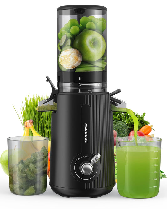ACOQOOS Cold Press Juicer Machines with 10 Glass Juice Bottles Cold Press Juicer Whole Fruit and Vegetable with 110MM Feeding Chute Easy to Clean Juicers with 2 Cups Masticating Juicer Black