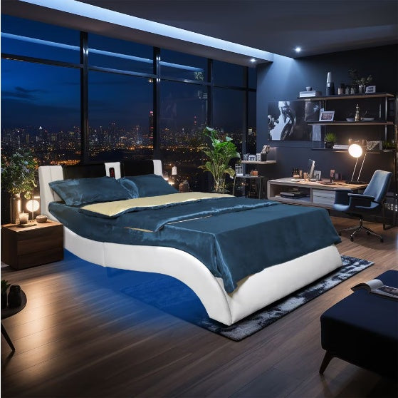 Faux Leather Upholstered Platform Bed Frame With LED Lighting, Bluetooth Connection To Play Music Control, Backrest Vibrating Massage Table Frame