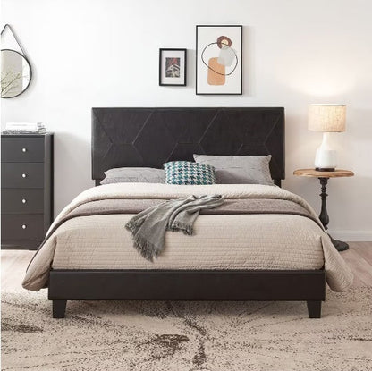 Queen-sized Upholstered Platform Bed Frame For Easy Assembly, Black, PU